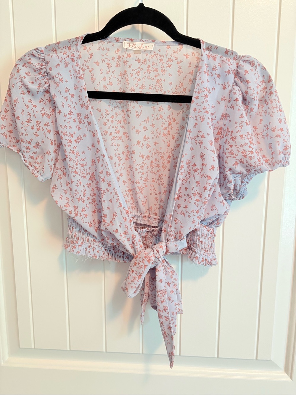 Blush B.J. Pastel Blue Coral Floral Smocked Tie Front Crop Top Small